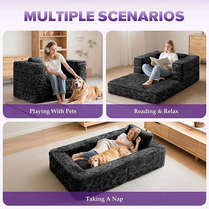 HABUTWAY Convertible Sofa Bed 3-in-1 Futon Sofa Bed with Pillow Foldable Pull Out Floor Sofa Bed with Removable Cover Plush Boneless Couch for Living Room/Bedroom/Dorm