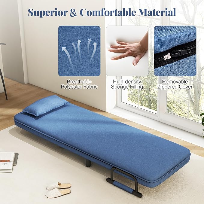 Giantex Convertible Sofa Bed 3-in-1 Folding Sleeper Chair with 5-Position Adjustable Backrest Wheels 2 Legs Recliner Chaise Lounge with Pillow Armchairs for Nursery Living Room Office (Blue)