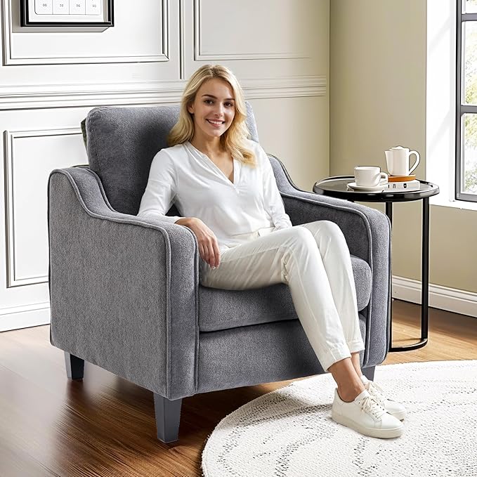 FLEXISPOT AC2 Accent Chair Accent Chairs Set of 2 for Living Room Mid Century Modern Chenille Upholstered Armchair with Padded Back Comfy Reading Chair for Bedroom Office Small SpacesGrey