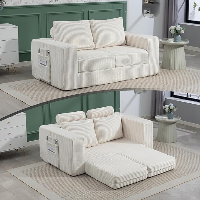 J.C.UP 69'' Convertible Sofa Bed Pull Out Loveseat Sleeper Sofa 2 Seater Boneless Folding Sofa Bed Floor Couch with Deep Seat Chaise Lounge for Living Room Bedroom No Assembly Required Beige