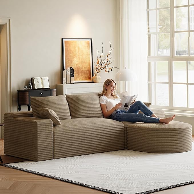 108 Modular Sectional Sofa Cloud Couch for Living Room L Shaped Comfy Fluffy Light Brown Boneless Couches with Movable Curved Ottoman Modern Plush Corduroy Memory Foam Floor Couch with Chaise