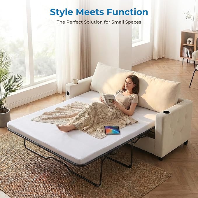 Mjkone 72 Full Size Pull Out Sofa Bed Velvet 2-in-1 Convertible Sleeper Sofa Bed with Memory Foam Mattress Cup Holder USB Charging PortsGuest Couch Bed for Living Room Small Spaces - Beige