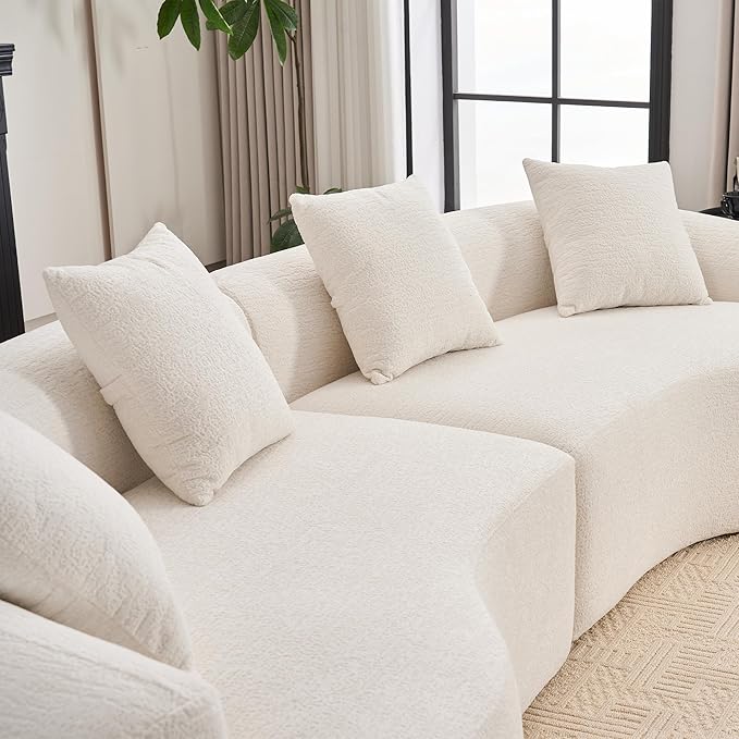 110 Curved Sectional Sofa for Living Room Modern Oversized Plush Chenille Cloud Round Deep Seat Compressed Boneless Couch with 4 Throw Pillows for Apartment No Assembly Needed White