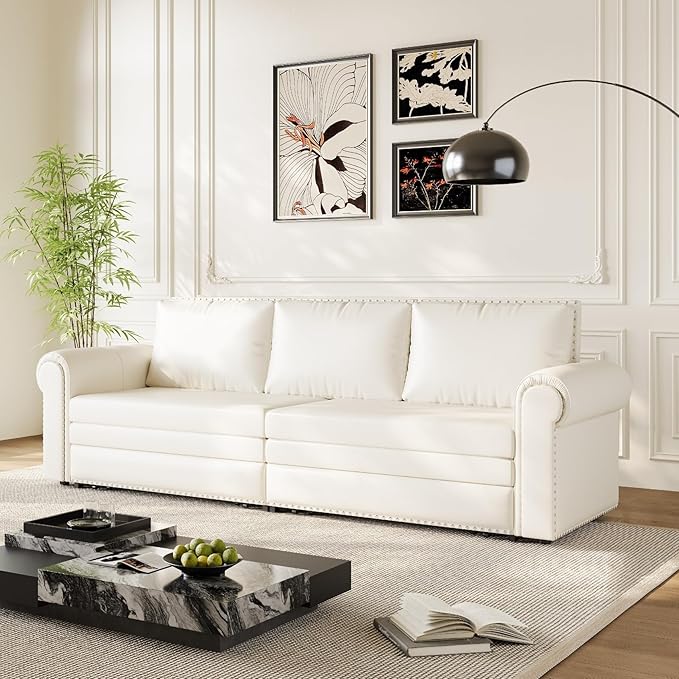 93.7 King Size Chesterfield 3-seat Pull Out Sofa Bed Leather Sofa Bed with Nailhead Trim and Rolled Arm 3-in-1 Sofa Sleeper for Living Room Apartment Office Cream White