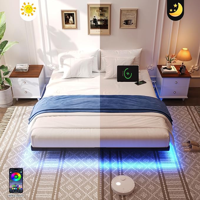 Floating Bed Frame Full Size with Smart LED Lights and Charging Station Heavy Duty Modern Metal Platform Bed No Box Spring Needed - Easy Assembly and Noise Free