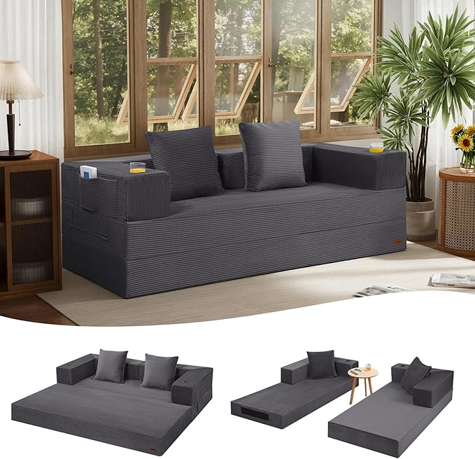 COMAX Boneless Couch Futon Sofa Bed Couches Versatile Queen for Living Room 79 4 in 1 Convertible Sleeper Corduroy Couch Foam in a Box Foldable Fold Out Floor Mattress No Assembly Required Grey