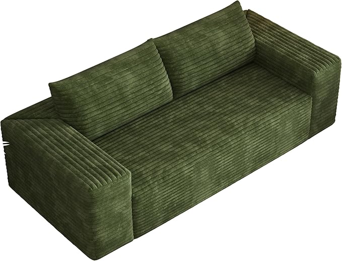 78.8 Corduroy Boneless Couch 3-Seater Compression Sofa with 2 Throw Pillows No Assembly Required Comfy Loveseat Sofa in a Box Modern Couches for Living Room (Green 78.8 inch) | Breathable Materi