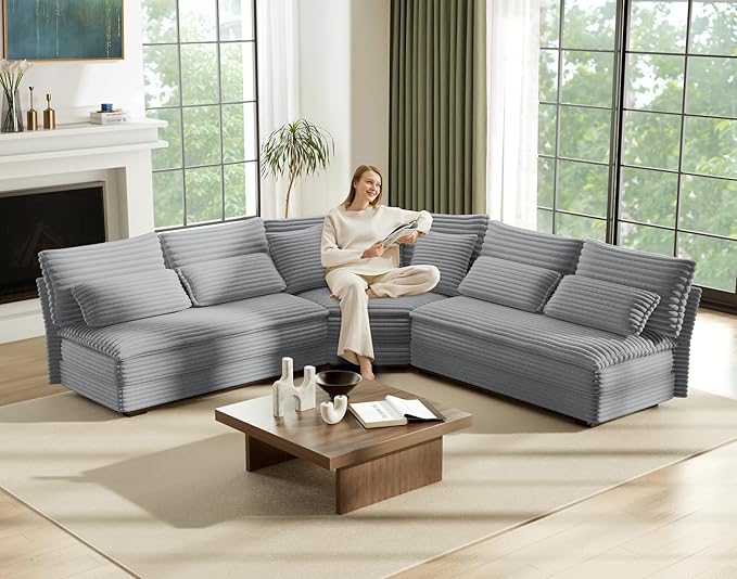 5-Seater Sectional Couch 102 L-Shaped Corner Sofa Oversized Corduroy Cloud Couch with 2-Layer Cushions V Shape Sofa for Living Room Aparment (LightGrey)