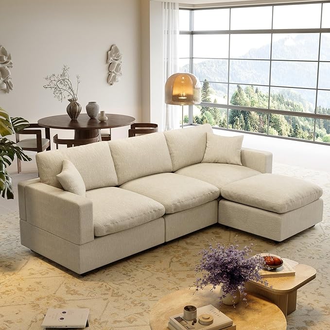 Modular Cloud Sectional Couches for Living Room95.4 L-Shape Couch with Chaise Ottoman3 Seater Down Filled SofaDetachable Couch Cushion CoversBeige