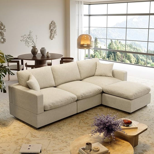 Modular Cloud Sectional Couches for Living Room95.4 L-Shape Couch with Chaise Ottoman3 Seater Down Filled SofaDetachable Couch Cushion CoversBeige