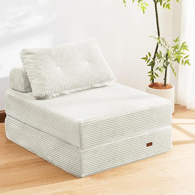 Folding Sofa Bed Chair Sleeper Chair for Adults with High-Density Foam and PillowPortable 3 in 1Folding Chair Bed for Living Room、Apartment 、HotelSingle Creamy Apricot