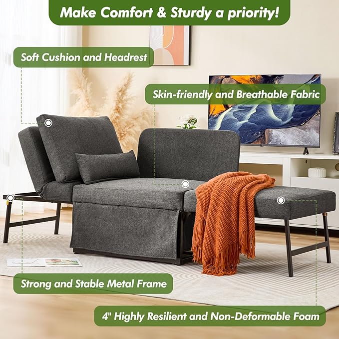 Sleeper Chair Bed Upgrade 4-in-1 to 5-in-1 Convertible Multi-fuction Sofa Chair w/Adjustable Backrest Assembly-Free Linen Folding Sofa Ottoman Bed for Living Room Apartment (Dark Grey)
