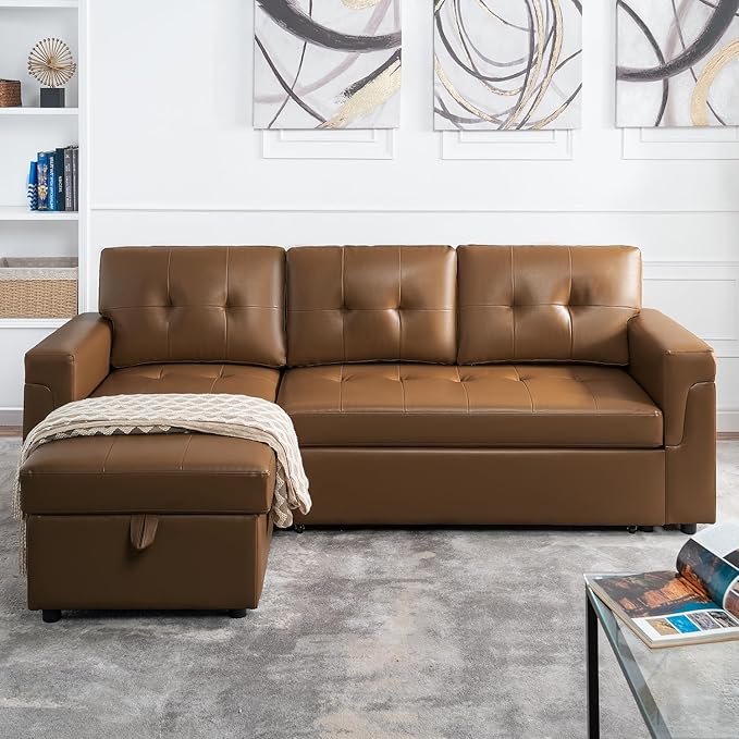 Naomi Home Reversible Sleeper Sectional Sofa Storage Chaise Mocha/Air Leather
