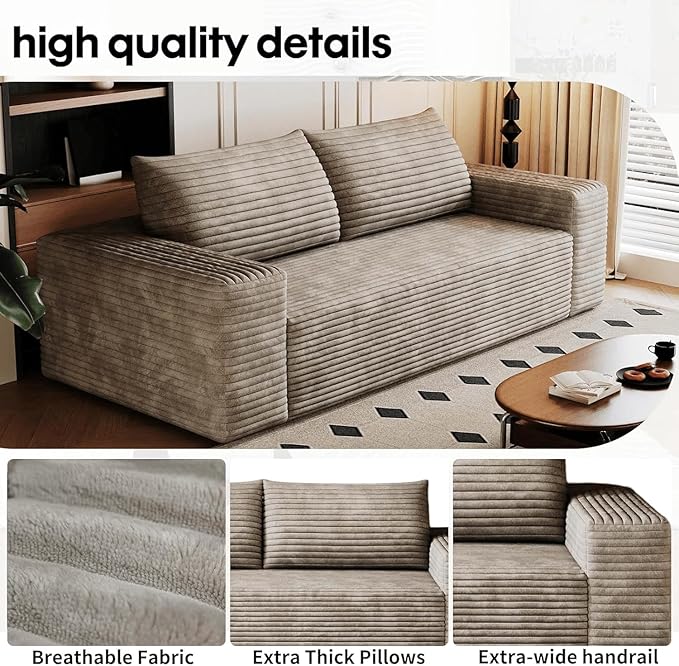 71 Cloud Boneless Loveseat Sofa Couch Bean Bag 3-Seater Couch with Memory Foam Corduroy Comfy Floor Sofa Deep Seat for Living Room Bedroom Apartment No Assembly (Camel)