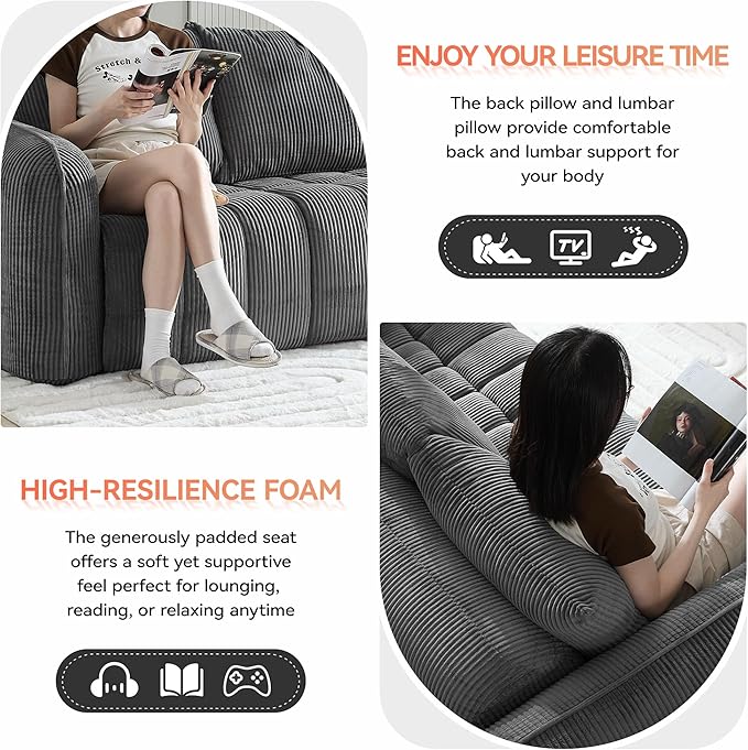 Corduroy Boneless Living Room Sets Modern Upholstered Loveseat with 2 Signle Sofa Chairs Comfy Deep Seat Cloud Sofa Couch Sets for Living Room Grey