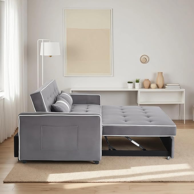 71.5 3 in 1 Convertible Loveseat Sleeper Sofa Modern Futon Couch with Adjustable Backrest Pull Out Sofa Bed Upholstered for Living Room Bedroom Apartment Small Space (Grey)