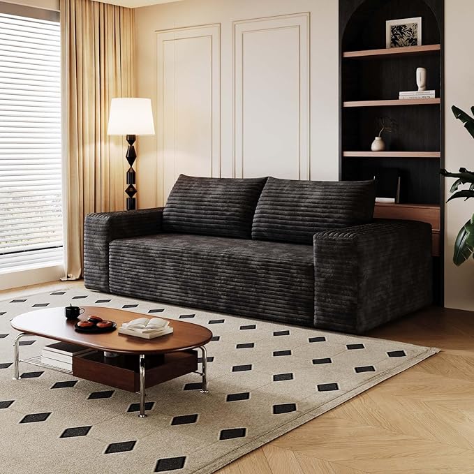 71 Cloud Loveseat Sofa Modern Corduroy Boneless Couch with Deep Seat Memory Foam Comfy 3 Seater Foam Floor Couches for Living Room Bedroom Apartment No Assembly Required (Black 71+3 Seaters)