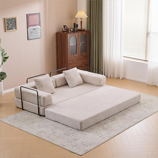 Convertible Folding Sleeper Sofa Bed Corduroy Floor Sofa Fold Out Couch with Pillows King Size Bed Futon Couch Foldable Memory Foam Mattress for Living Room Bedroom Playroom