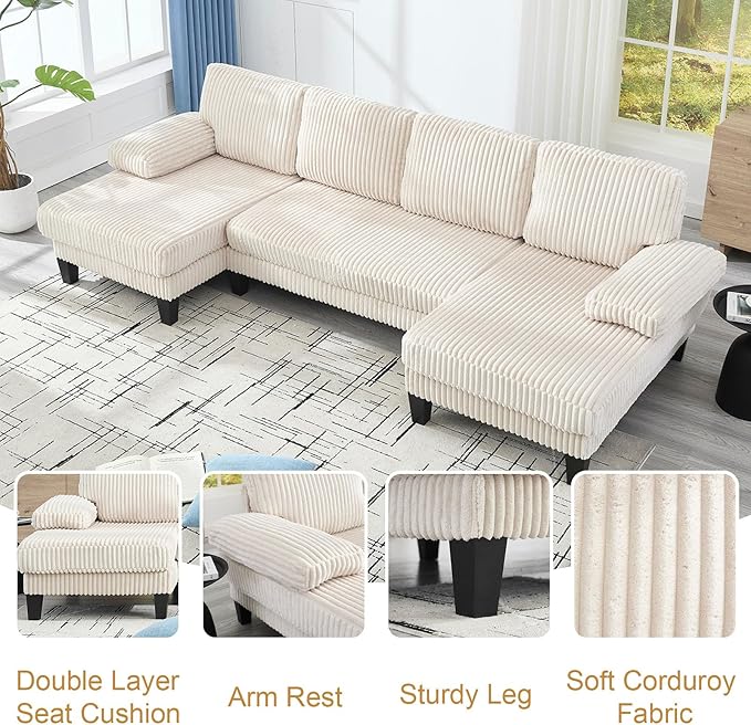 114.2” W Corduroy Sectional Sofa for Living Room U-Shaped Couch with Double Chaises and Comfortable Backrest Modern 4-Seater Deep Cloud Sofa for Small Spaces(Beige)