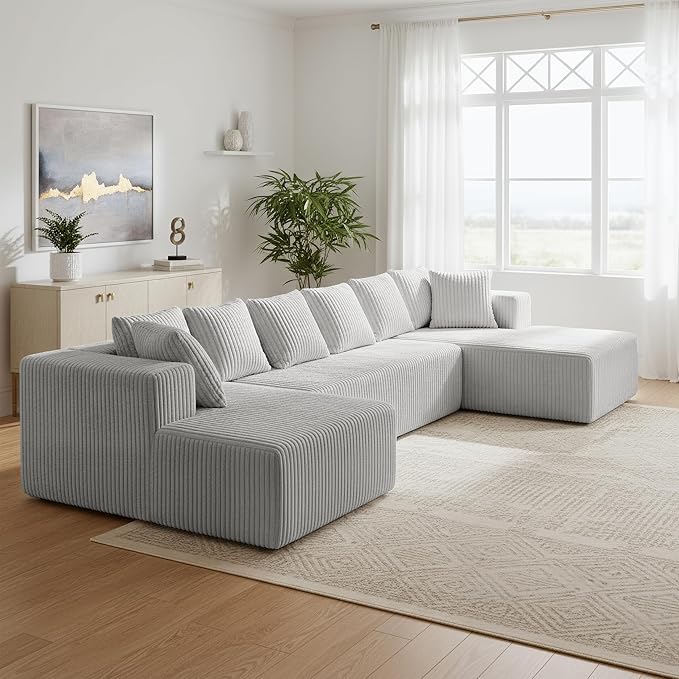 130 Boneless Couch Cloud Couch Sectional Corduroy Sofa for Living Room U Shaped Modular Sofa with Chaise No Assembly 4 Seats Oversized (Grey)