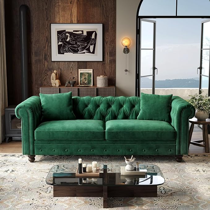 ONBRILL 82 Inch Chesterfield Sofa 23 Inch Deep Seat Velvet Couch for Living Room Button Tufted Couch with Rolled Arms 2 Throw Pillows Comfy Vintage Loveseat Sofa for Apartment Green