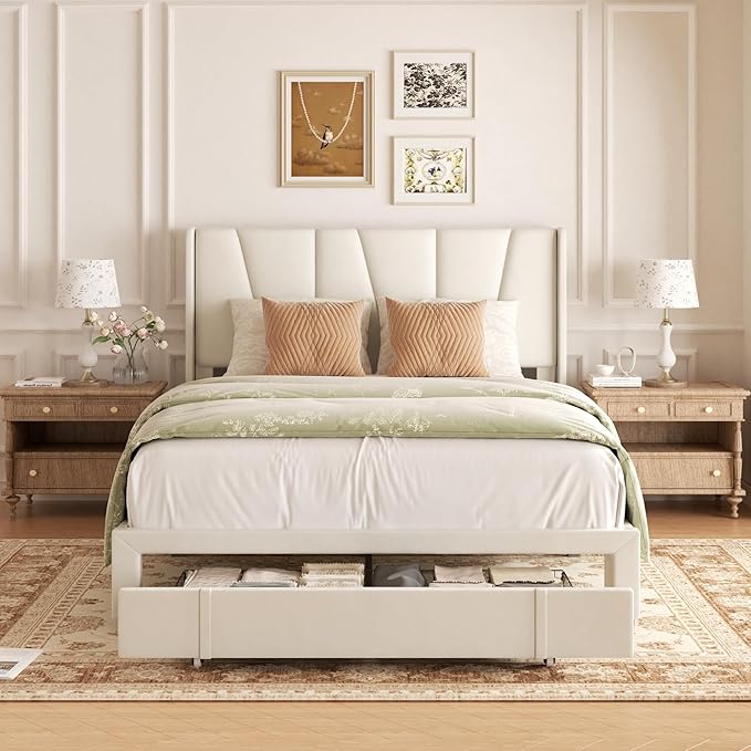 Queen Bed Frame with Storage Drawers Upholstered Queen Size Platform Bed with 47 Tall Headboard and Wingboard No Box Spring Needed Noise Free Easy Assembly Wooden Support Slats Beige