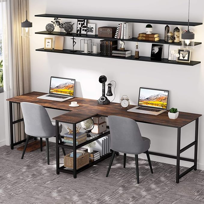 Tribesigns 90.5 inch Computer Desk Extra Long Two Person Desk with Storage Shelves Double Workstation Office Desk Study Writing Desk for Home Office (Brown 90.5x21.7 in)