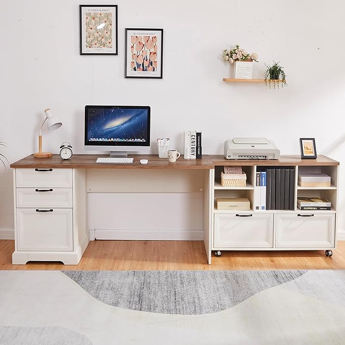 60L-Shaped Executive Desk with 40Adjustable File CabinetFarmhouse Home Office Desk with Charging StationOffice Desk with Storage DrawersWood Computer Desk Set for Office WorkHome Study
