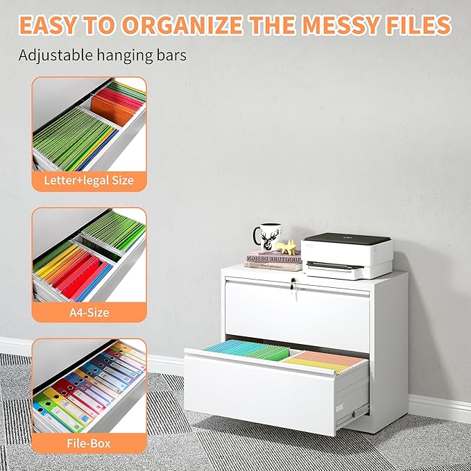 2 Drawer Small Lateral File Cabinet with Lock Under Desk Locking Storage Cabinet Organizer for Home Office Metal Filing Cabinets for Legal/Letter/A4/F4 SizeWhite