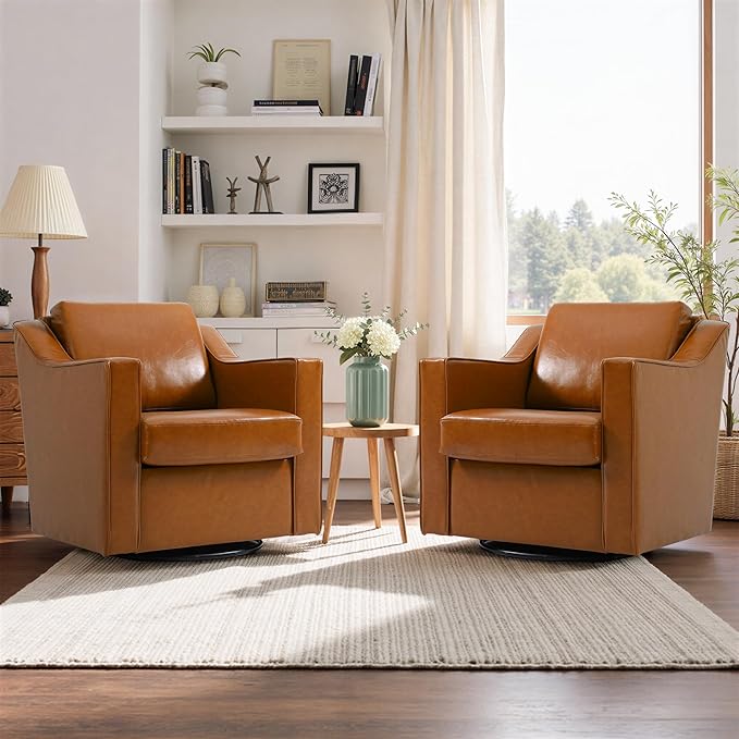 Swivel Accent Chair Modern Round Barrel Arm Chair for Living Room Bedroom Comfy Club Reading Chairs for Adults (Leather Brown Set of 2)