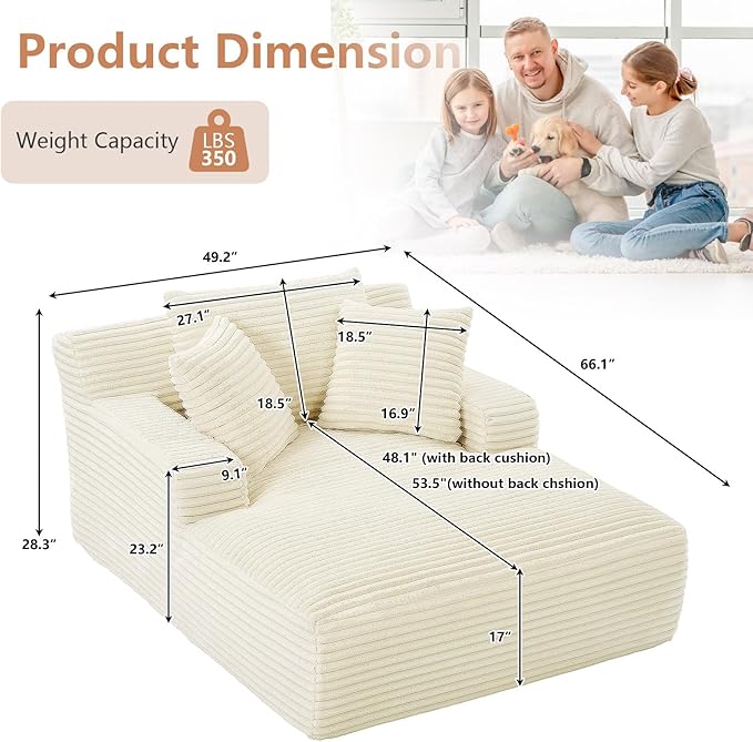 49.2 Oversized Chaise Lounge Chair Deep Seat Upholstered Cozy Cloud Couch Modern Corduroy Floor Sleeper Sofa Bed Reading Chair for Living Room Bedroom Apartment Office Indoor White