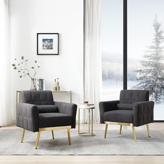 Modern Chair Lounge Chair Armchair Accent Living Room Chair with Tapered Metal Legs and Waist Pillow LoungeTeddy Fabric Gray