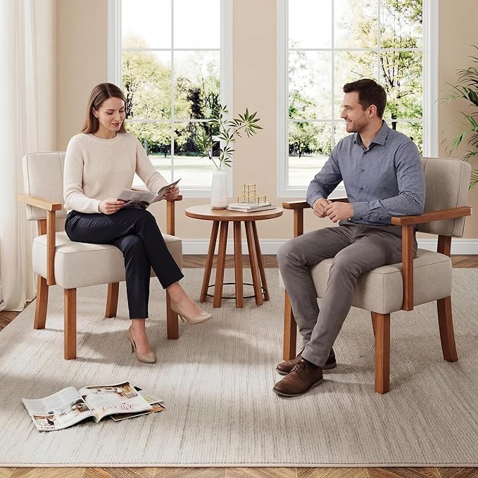 Garvee Mid-Century Accent Chair with Wood Frame. Linen Fabric Upholstered Lounge Armchair with Classic Vertical Stripe. Reading Leisure Chair for Living Room Bedroom Balcony Beige