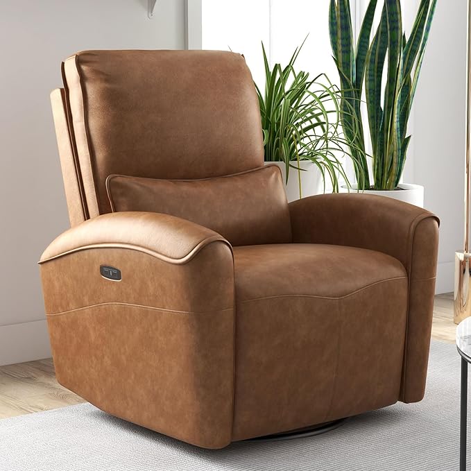 Bonzy Home Power Swivel Rocker Recliner Chair with USB Port 23.2 Wide Seat Fixed Lumbar Support Upholstered Glider Chair for Nursery Living Room Brown