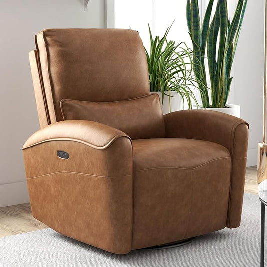 Bonzy Home Power Swivel Rocker Recliner Chair with USB Port 23.2 Wide Seat Fixed Lumbar Support Upholstered Glider Chair for Nursery Living Room Brown