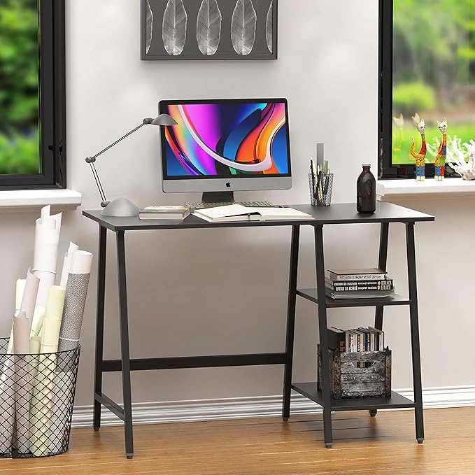 SHW 43-Inch Home Office Trestle Computer Desk with Open Storage Shelves Black
