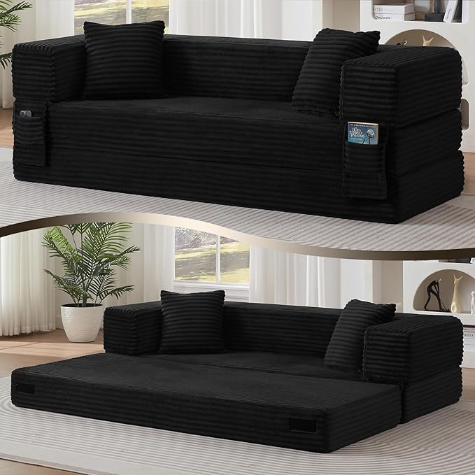 GNIXUU 78.7 Boneless Convertible Sleeper Sofa Bed 4-in-1 Folding Corduroy Futon Couch Bed Oversized Loveseat Modular Floor Mattress Couch for Living Room Bedroom Lounge No Assembly Black