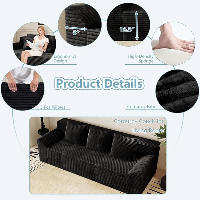 71Cloud Loveseat SofaModern 2-Seater Boneless Couch with 3 Pillows &amp Side PocketSoft Corduroy LoveseatCompressed FoamDeep SeatNo Assembly for Living RoomBedroomApartment(Tilted ArmrestBla
