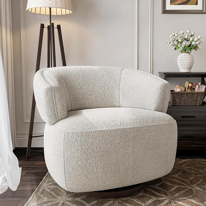 RoyalCraft Swivel Accent Chair Fully Assembled Round Barrel Chairs Oversized Upholstered Armchair with 360-Degree Base Modern Club Chair for Living Room Bedroom Office Griege