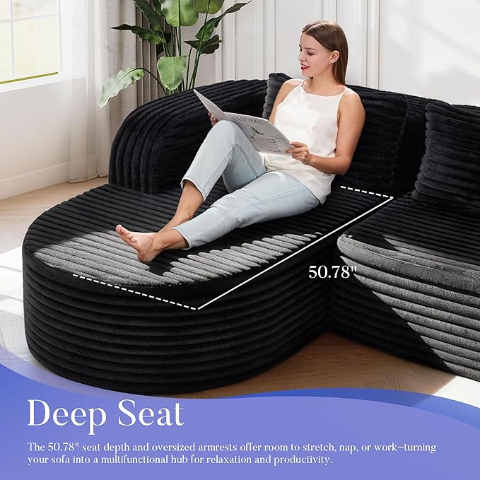 Hobestluk 96 Cloud Sectional Couch Modern Boneless Couch 3 Seater with Oversized Chaise L Shaped Modular Sofa Couches for Living Room Apartment No Assembly Required (Stripe BlackLeft Facing Chaise)