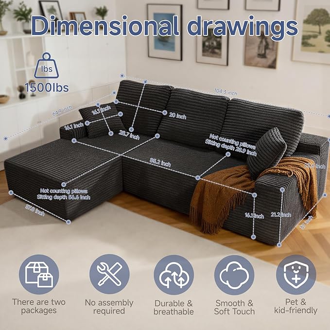 105 Cloud Modular Boneless Couch Left Facing L-Shaped Chaise Sectional Sofa - No Assembly Required Plush Corduroy &amp Memory Foam for Living Room Bedroom Apartment (Black)