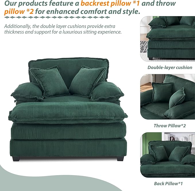 TTK Oversized Chaise Lounge Chair with Ottoman - 39.17 Wide Modern Sleeper Sofa for Living Room Bedroom &amp Office - Deep Seat Sectional Couch with Pillow Comfortable Reading ChairGreen