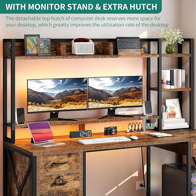 YITAHOME Computer Desk with Hutch &amp Drawers 59 Office Desk with Power Outlets Gaming Desk with LED Lights and Storage Shelves Rustic Brown
