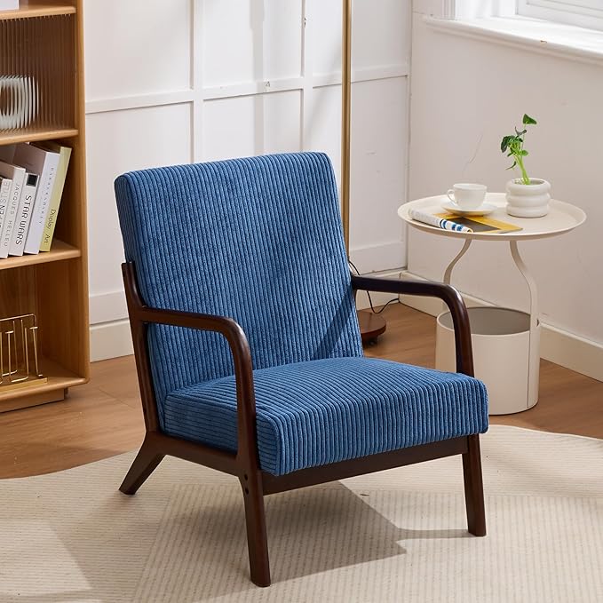 Mid-Century Modern Accent Chair Arm Chair Living Room Chairs with Pillow Upholstered Reading Chair with Solid Wood Frame &amp Corduroy Fabrics for Living Room Bedroom Balcony (Corduroy Sapphire Blu