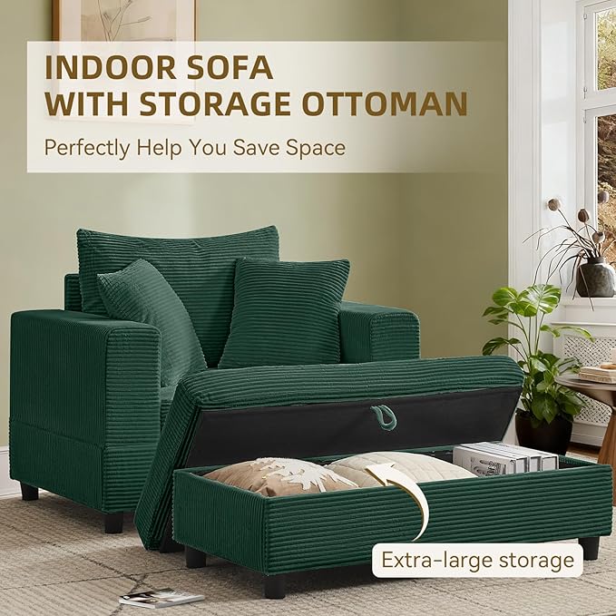 Chaise Lounge Chair IndoorOversized Corduroy Upholstered Sofa Bed with Removable Storage Ottoman Small Cloud Sofas for Living Room Comfy Deep Seat Sleeper Couch Reading Chairs (Green)