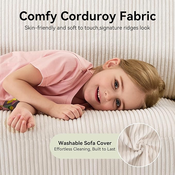 88 Loveseat Sofa Comfy White Corduroy Couches for Living Room Modern Oversized Love Seat Sofa Tool-Free Setup Large Couches for Bedroom Office