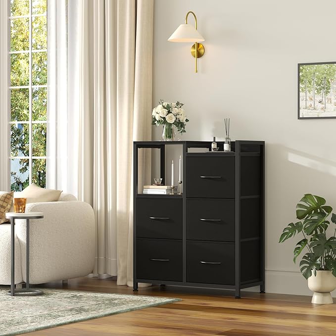 DUMOS 5-Drawer Chest of Drawers with Raised Shelf Storage Tower with Fabric Bins for Closet Organization Hallway Storage Black
