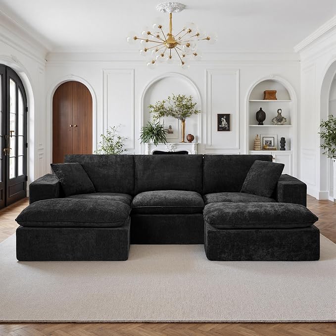 110 Sectional Couches for Living Room Boneless Couch Upholstered Cloud Couch Sectional Modular Sectional Sofa with L Shaped (Chenille-Black 3 Seat+2 Ottoman)