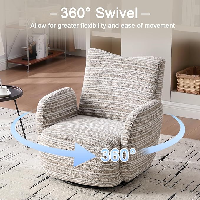 360° Swivel Accent Chair with Armrest Modern Striped Upholstered Lounge Chair Stable Round Base &amp Sturdy Metal Frame Armchair for Bedroom Living Room Office &amp Vanity (Khaki)