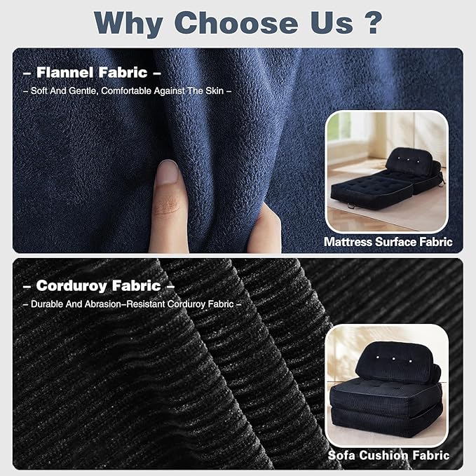 Folding Sofa Bed Flannel Futon Couch Bed with Pillow and Blanket Convertible Sleeper Chair for Small Space Apartment Guest Room Black
